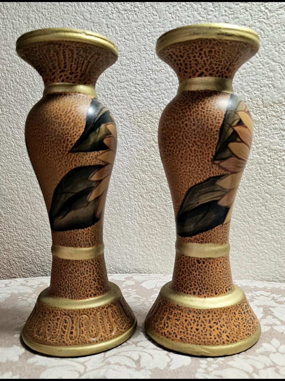 Boho Ceramic Candlestick Holders Hand Painted Sunflower Motif Crackle Glaze Gold